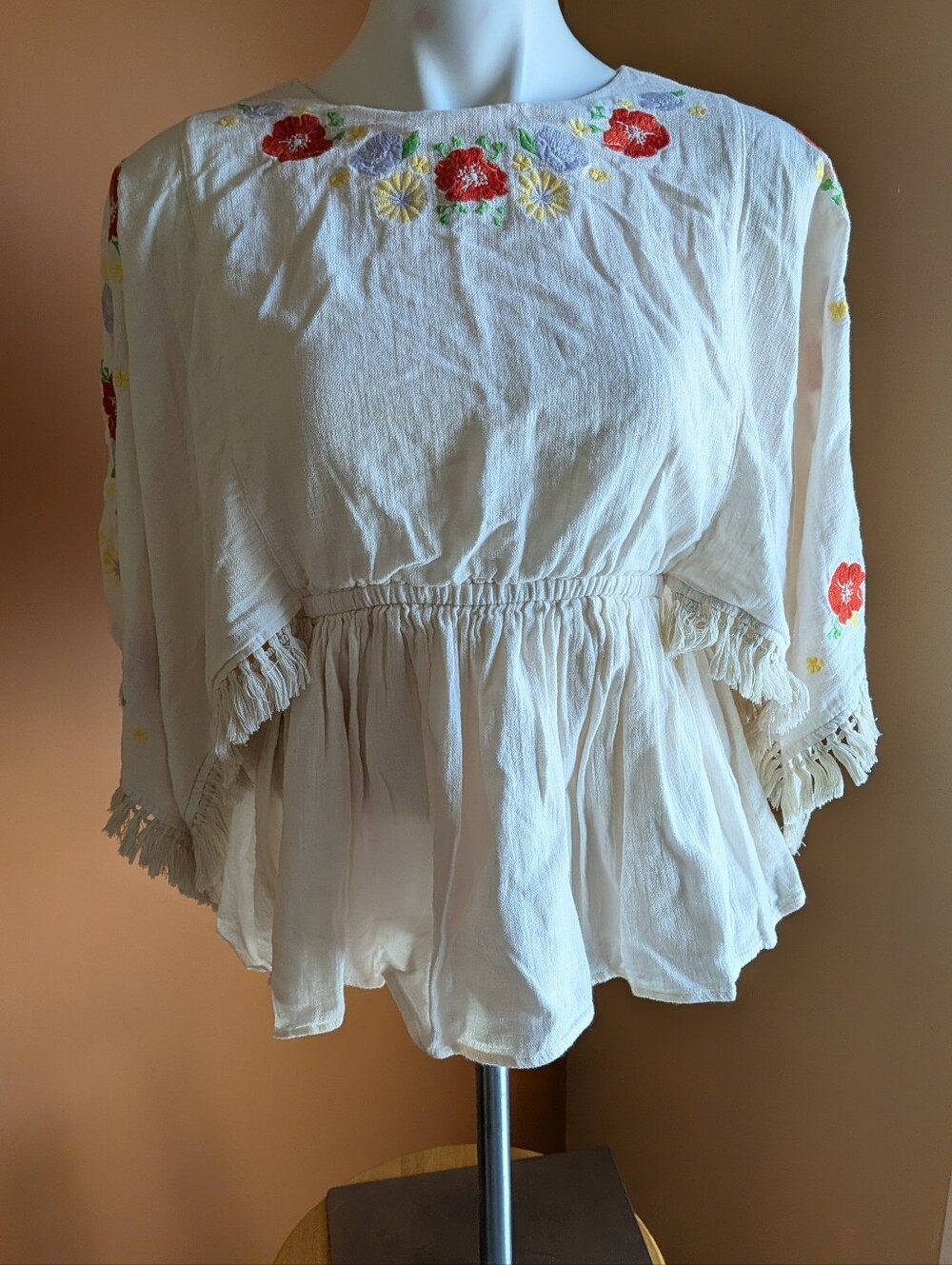Boho Embroidered Ivory Peasant Top with Red Floral Accents Size L (10/12)Cotton